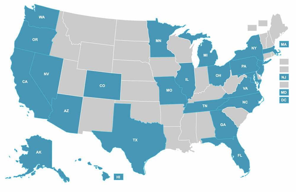 Map of US states of municipalities with adopted Vision Zero plans shaded in blue (as of 2022).
