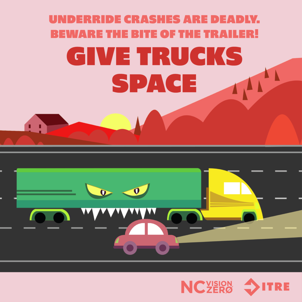 Image shows large truck traveling on the highway next to a smaller car. There are eyes and large teeth on the side of the truck - giving it an ominous face. The caption reads: Underride crashes are deadly. Beware the bite of the trailer. Give trucks space.