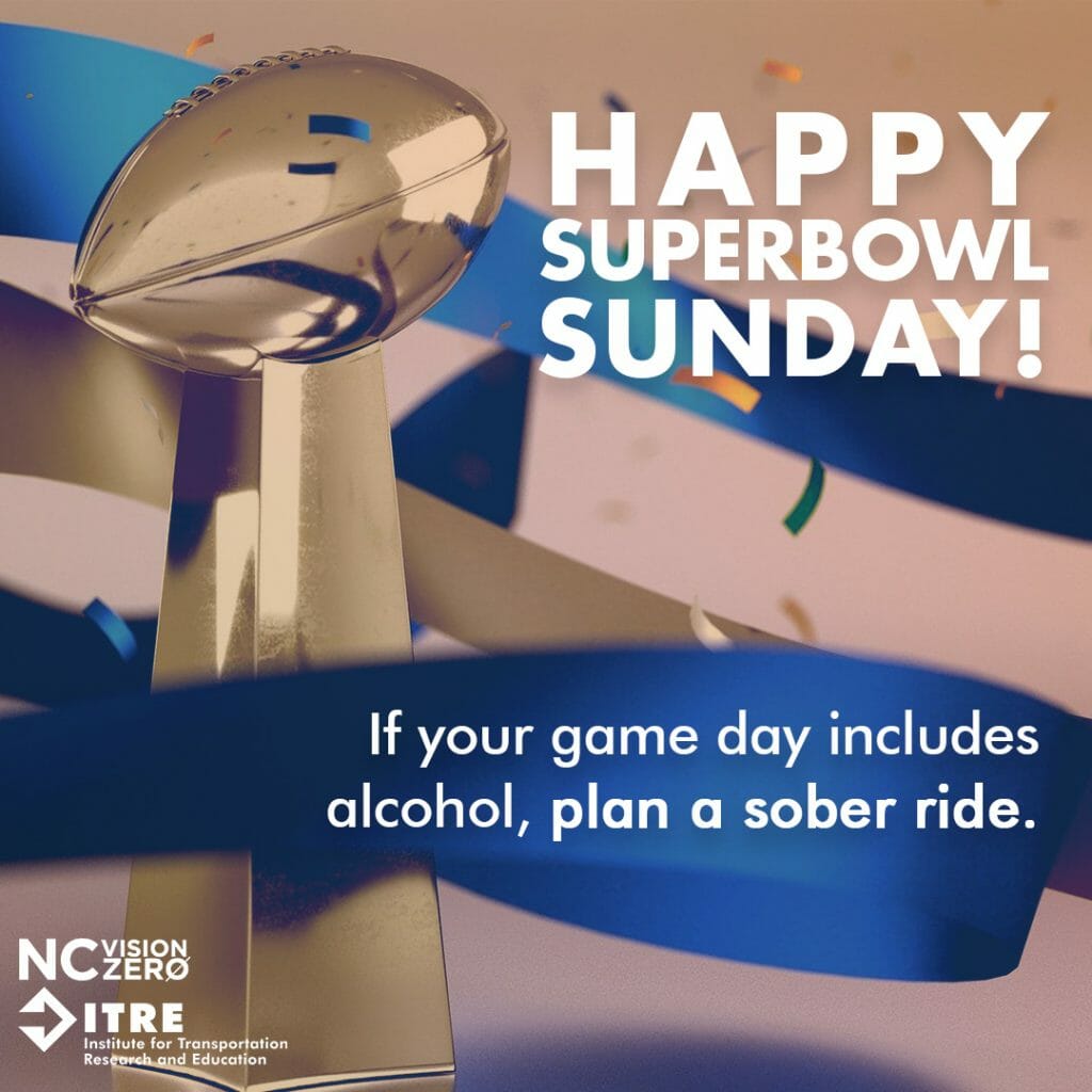Image features superbowl trophy. Caption reads Happy Superbowl Sunday. If your game day includes alcohol, plan a sober ride.