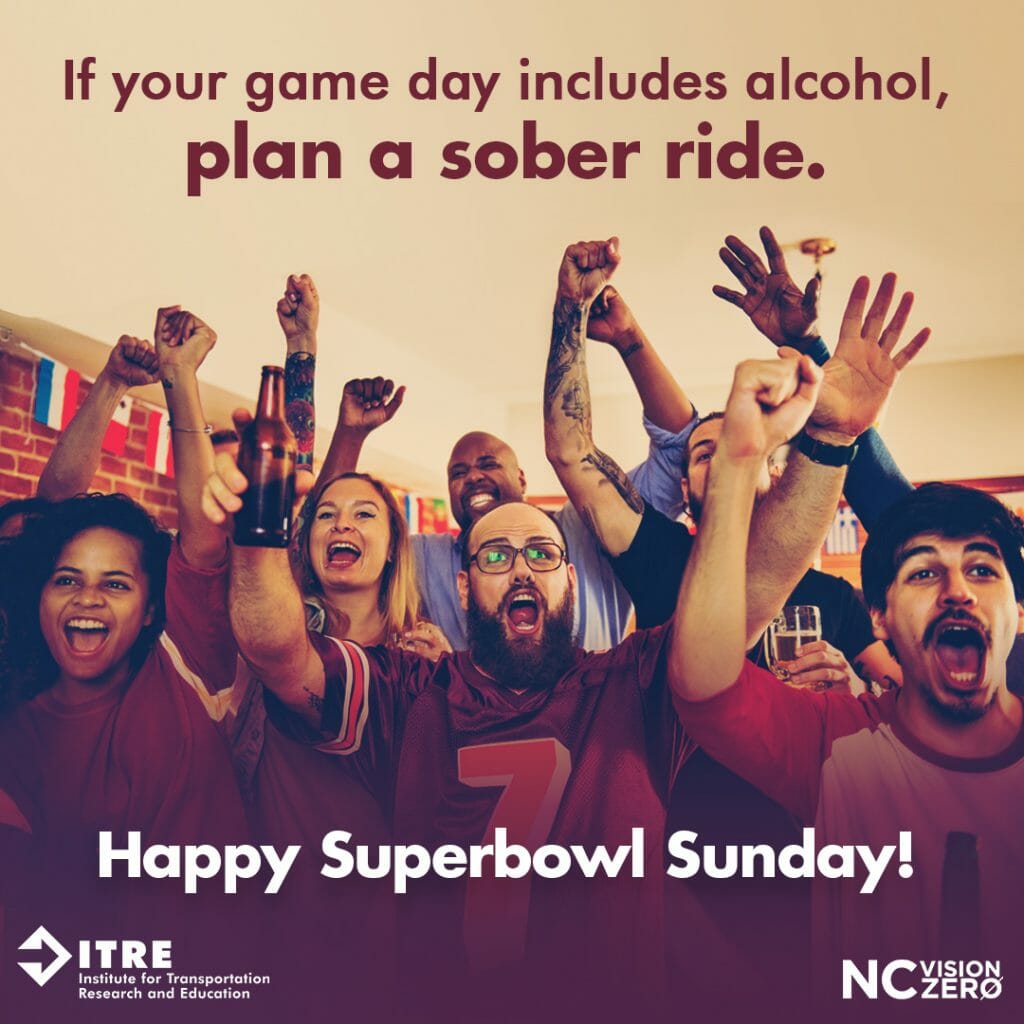 Image features group of football fans cheering in a living room. Caption reads: If your game day includes alcoholl, plan a sober ride. Happy Superbowl Sunday.