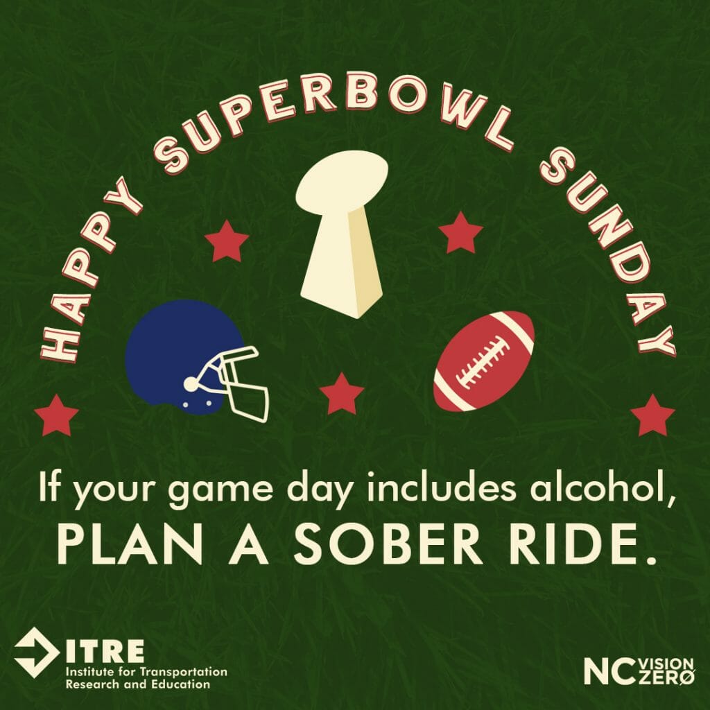 Decorative graphic features football helmet, superbowl trophy, and a football. Caption reads: Happy Superbowl Sunday. If your game day includes alcohol, plan a sober ride home.