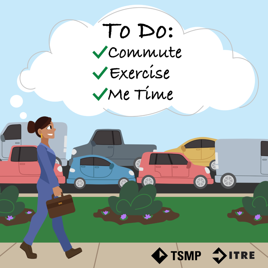 Graphic depicts person walking to work and checking things off their mental to-do list. To-do list reads “commute, exercise, me time”