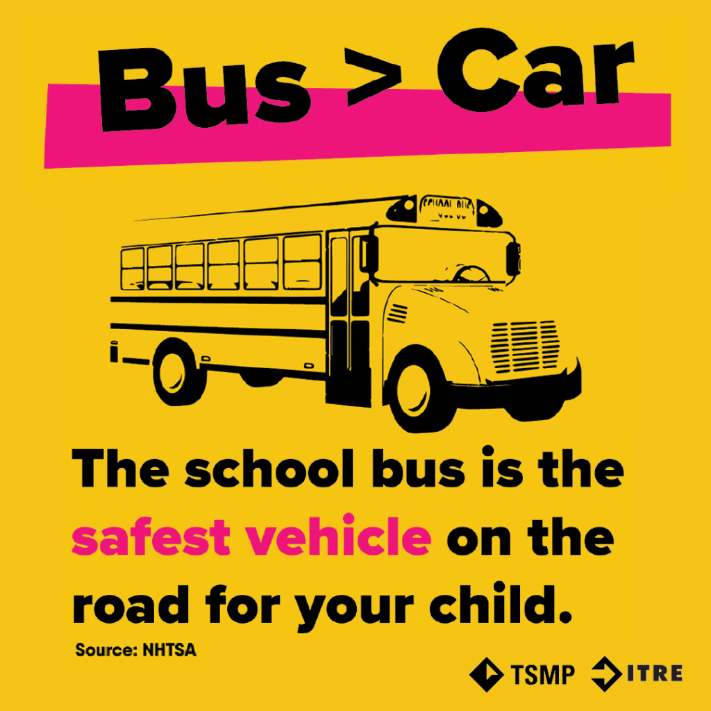 Graphic depicts a school bus. Text reads “Bus > Car. The school bus is the safest vehicle on the road for your child.”