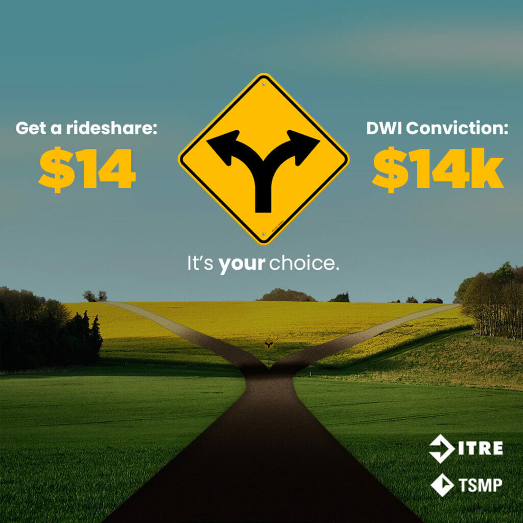Graphic shows an image of a road diverging. On one side the text reads "Get a rideshare $14.” On the other side, the text says "DWI Conviction $14K.”