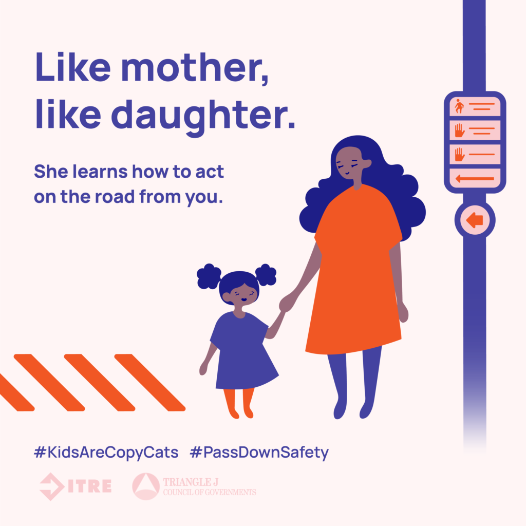 Graphic depicts and mother holding her daughter’s hand as they are waiting to cross the road at a crosswalk. Text reads “Like mother, like daughter. She learns how to act on the road from you.”