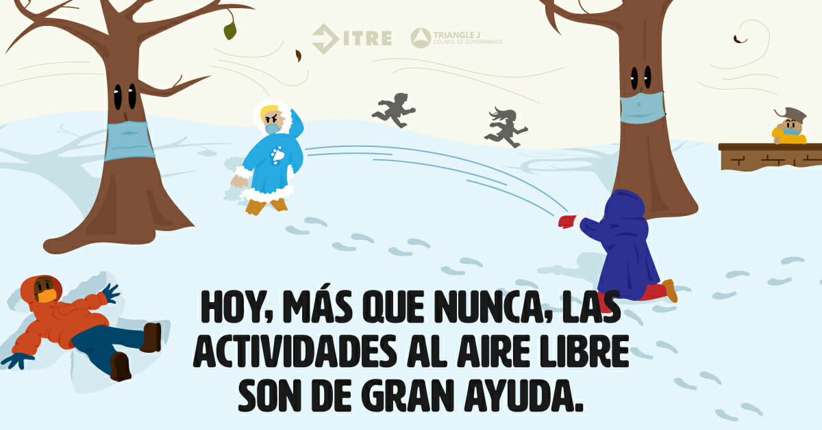 Graphic shows kids playing in the snow. Caption reads "Hoy, mas que nunca, las actividades al aire libre son de gran ayuda"