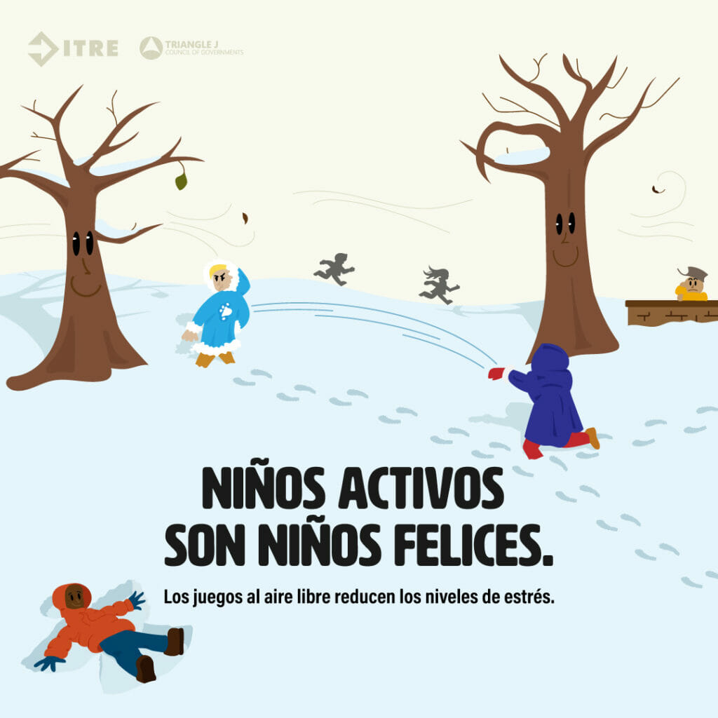 Graphic shows kids playing in the snow. Caption reads "Ninos activos son ninos felicies. Los juegos al aire libre reducen los niveles de estres.