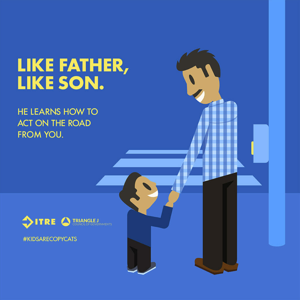Graphic depicts and father holding his son’s hand as they are waiting to cross the road at a crosswalk. Text reads “Like father, like son. He learns how to act on the road from you.”