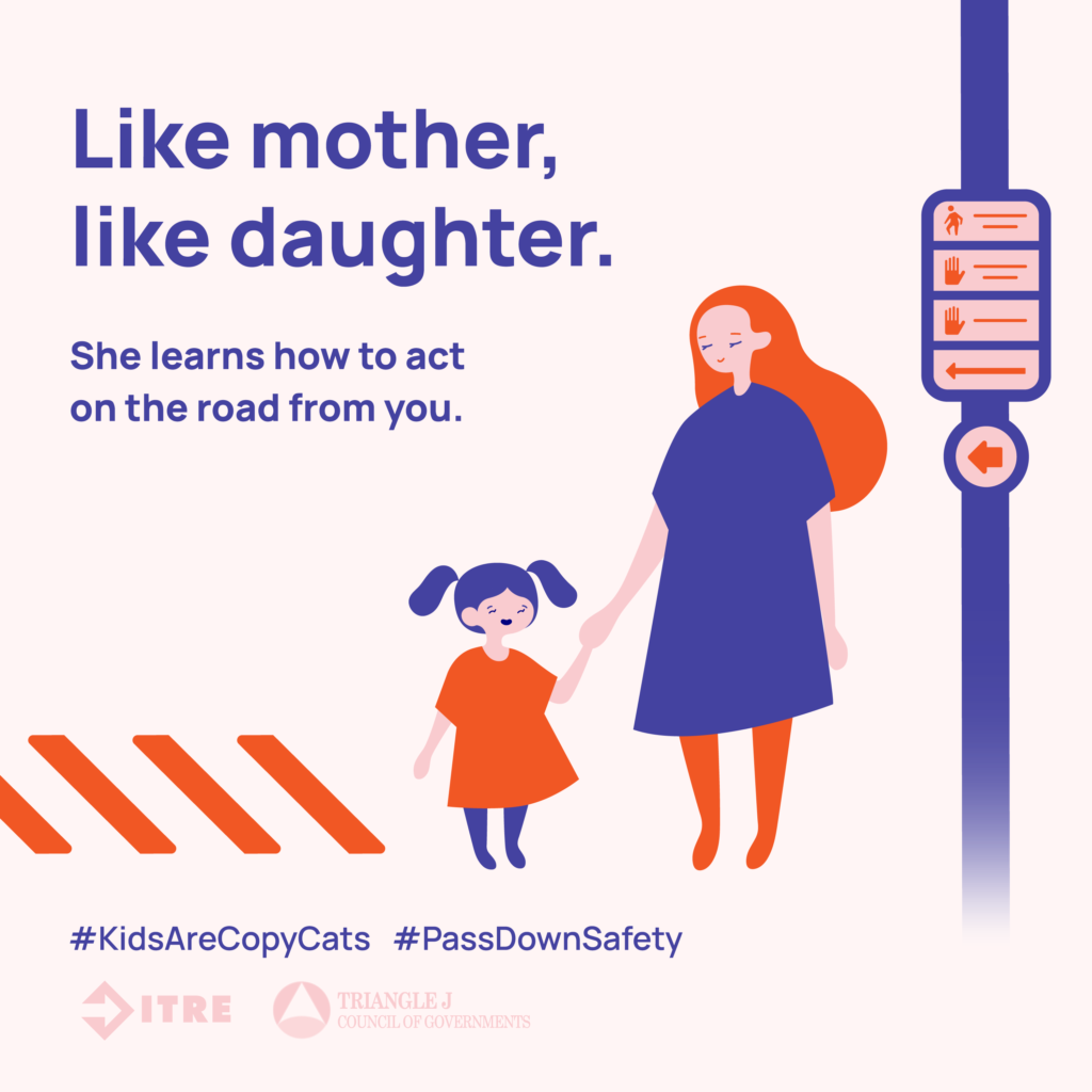 Graphic depicts and mother holding her daughter’s hand as they are waiting to cross the road at a crosswalk. Text reads “Like mother, like daughter. She learns how to act on the road from you.”