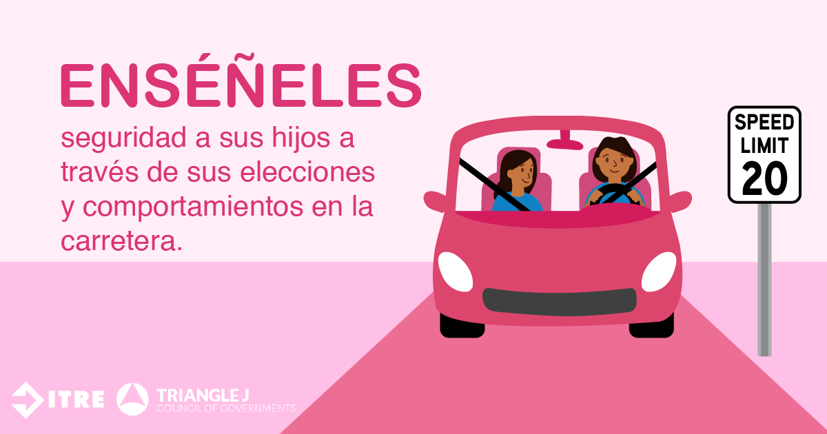 Image shows mother driving with young daughter in the front seat. There is a speed limit sign that reads 20 mph. Caption reads: Enseneles seguridad a sus hijos a traves de sus elecciones y comportamientos en la carretera