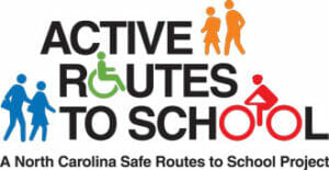 Logo depicts people traveling by walking, riding, and rolling. Text reads: “Active Routes To School A North Carolina Safe Routes To School Project”